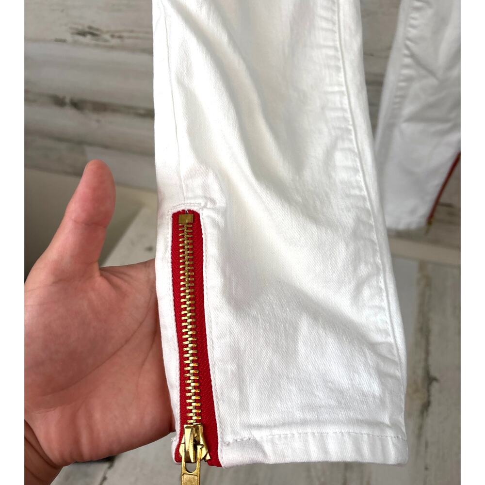Etienne Marcel Womens 8 White Skinny Jeans Red Zipper Stretch Designer Pants - Picture 5 of 9